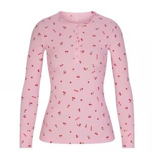 Skims Soft Lounge Cherry Blossom Print Long Sleeve Ribbed Henley Size Small